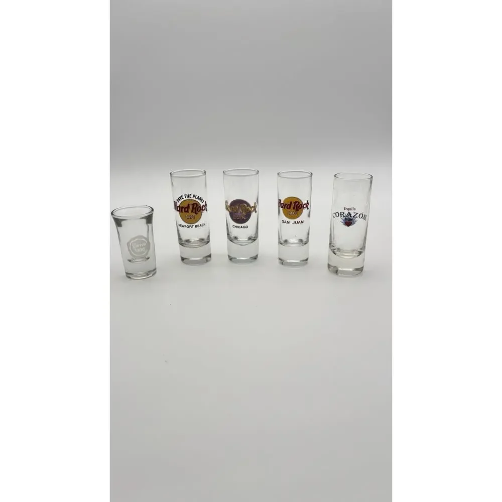Set of 3 Hard Rock Cafe Shot Glasses -US Cities- And 2 Tequila Shot Glasses. VG
